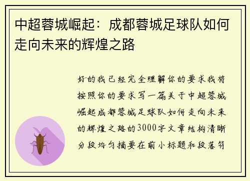 中超蓉城崛起：成都蓉城足球队如何走向未来的辉煌之路