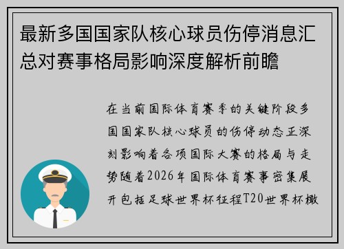 最新多国国家队核心球员伤停消息汇总对赛事格局影响深度解析前瞻 最新多国国家队核心球员伤停消息汇总对赛事格局影响深度解析前瞻