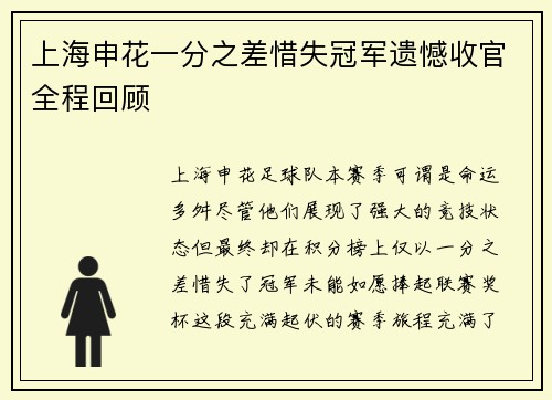 上海申花一分之差惜失冠军遗憾收官全程回顾 上海申花一分之差惜失冠军遗憾收官全程回顾