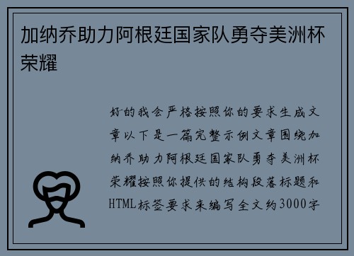 加纳乔助力阿根廷国家队勇夺美洲杯荣耀